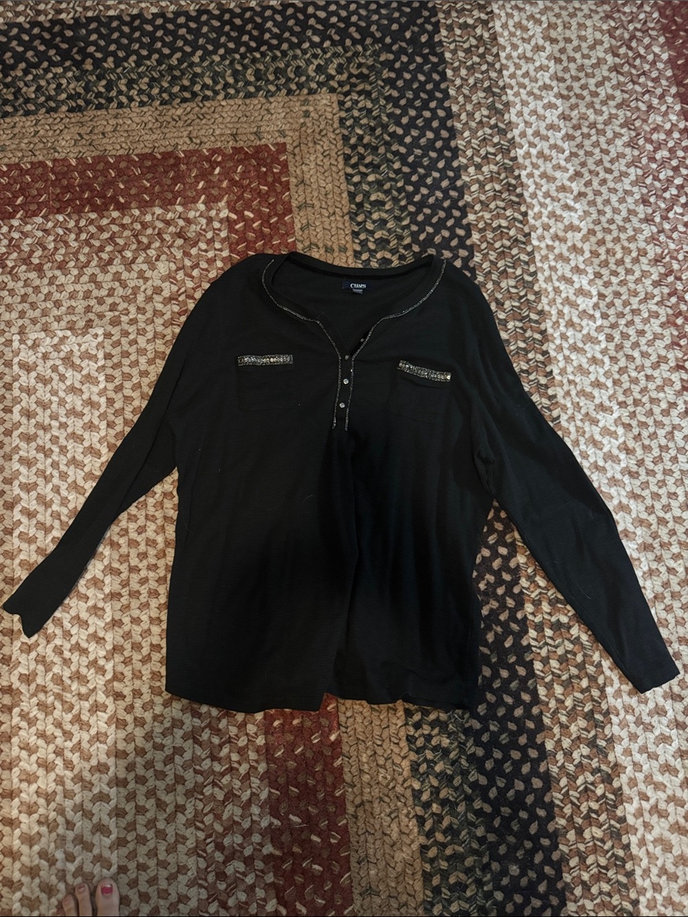 Chaps Black Long-Sleeve Henley Top with Sequin Pocket Accents